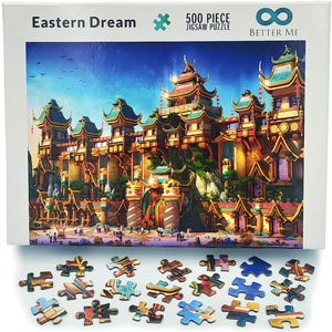 Eastern Dream Fantasy 500 Piece Castle Puzzle for Adults & Kids - Colorful Chinese Style East Asian Palace Architecture Illustration