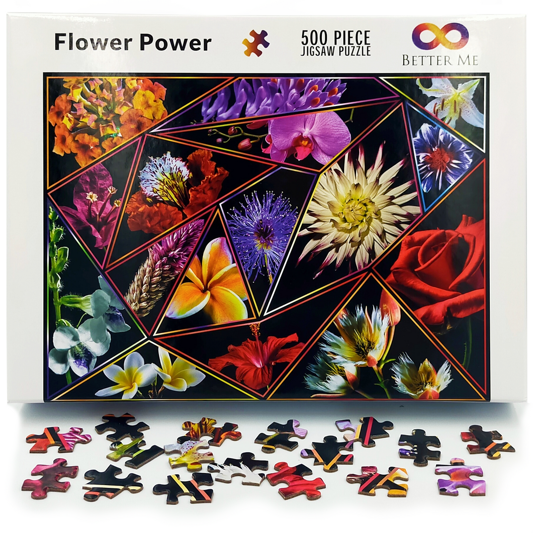 Flower Power Flower Puzzles for Adults 500 Piece Tropical Floral Collage. Jigsaw Puzzle Flower Lover Design Includes Beautiful Plumeria, Bougenvilla, Hibiscus, Orchids, a Bouquet of Gorgeous Blossoms